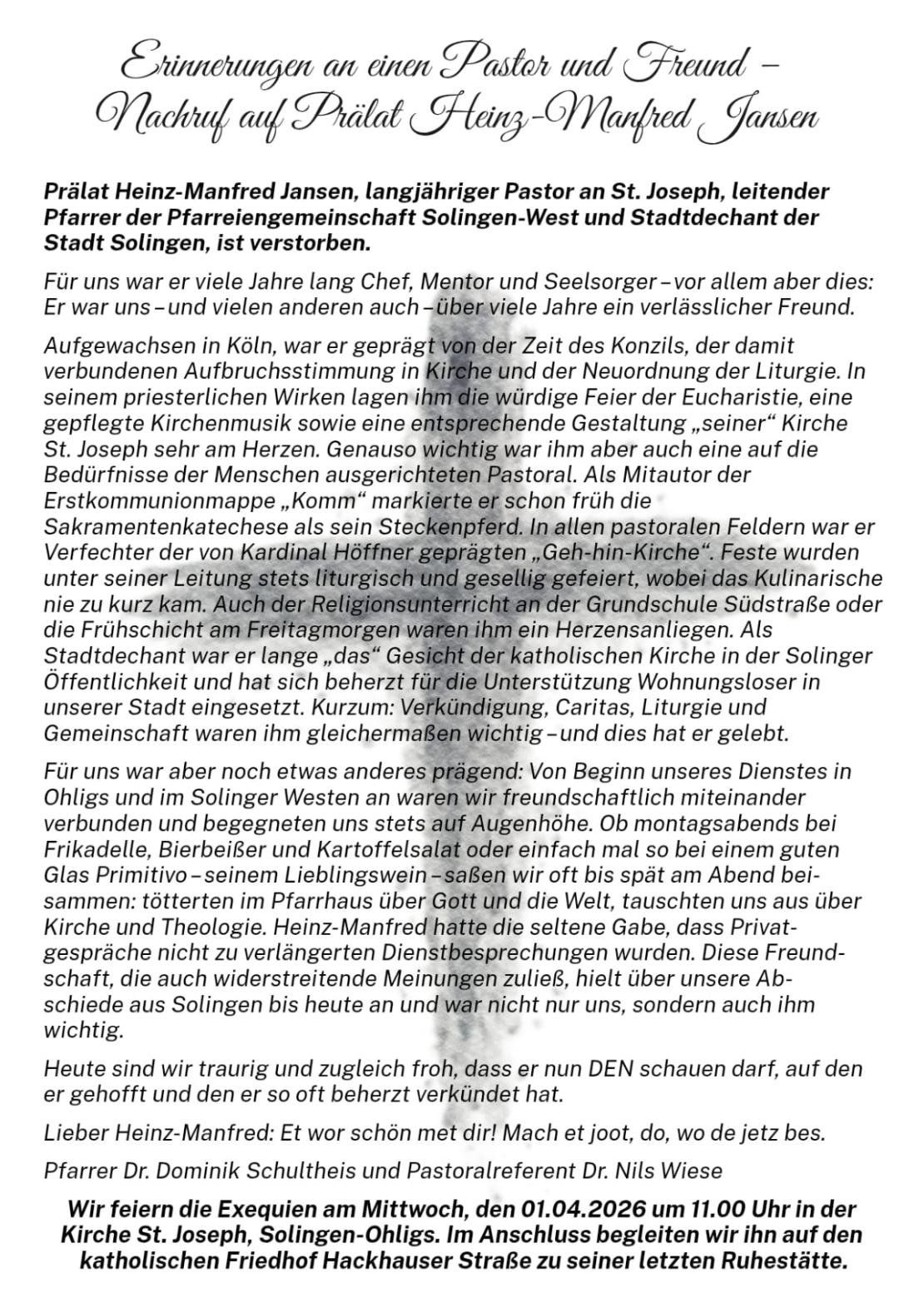 Zum Tod von Prälat Heinz-Manfred Jansen